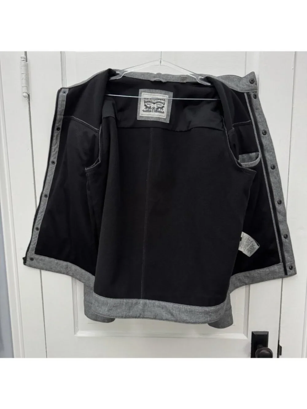 Levi’s Gray Hooded Trucker Jacket L Snap Front Fleece Lined Hidden Hood FLAW